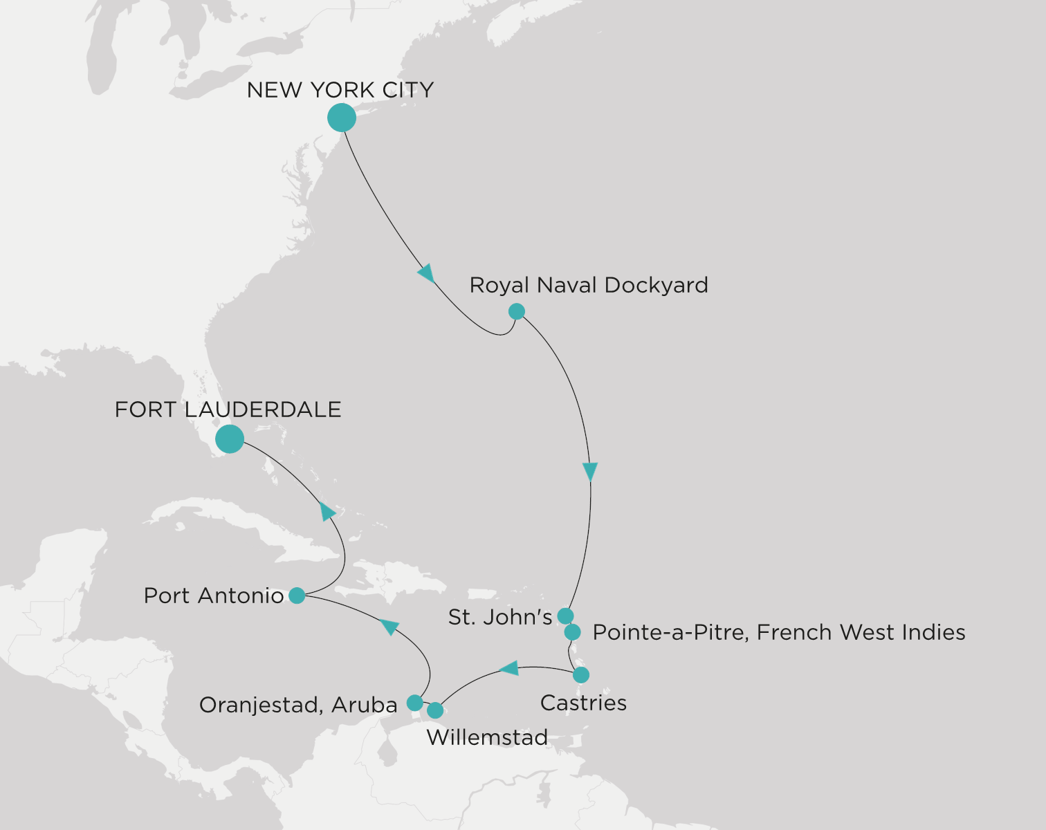 Crystal Grace CGR-015-281105 official itinerary map from New York City to Fort Lauderdale
