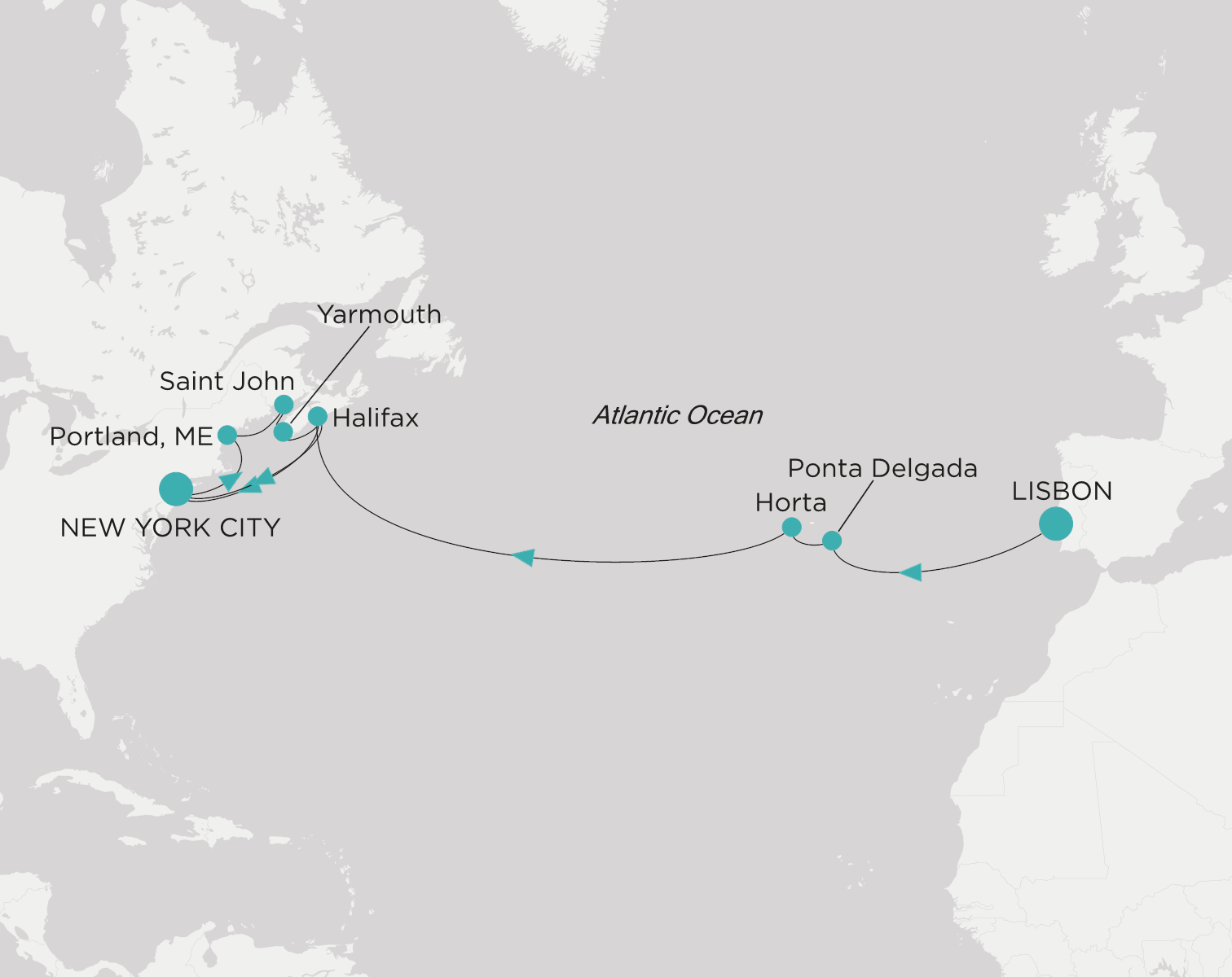 Crystal Grace CGR-C18-280915 official itinerary map from Lisbon to New York City