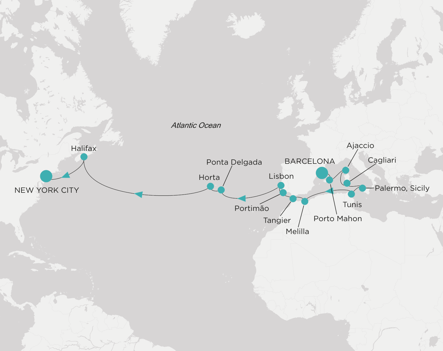 Crystal Grace CGR-C21-280905 official itinerary map from Barcelona to New York City