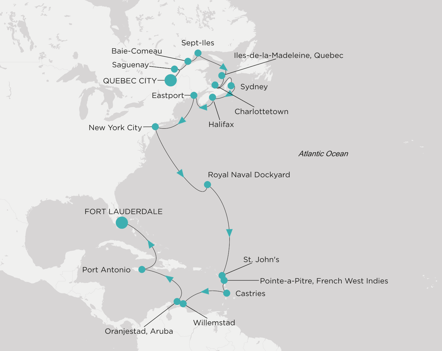 Crystal Grace CGR-C26-281025 official itinerary map from Quebec City to Fort Lauderdale