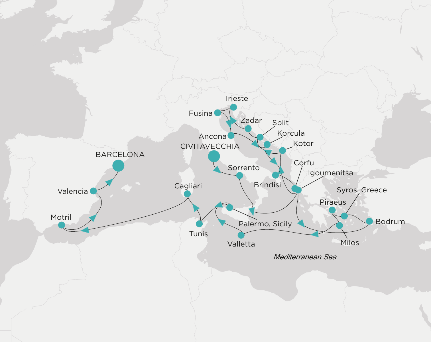 Crystal Grace CGR-C27-280715 official itinerary map from Civitavecchia (Rome) to Barcelona