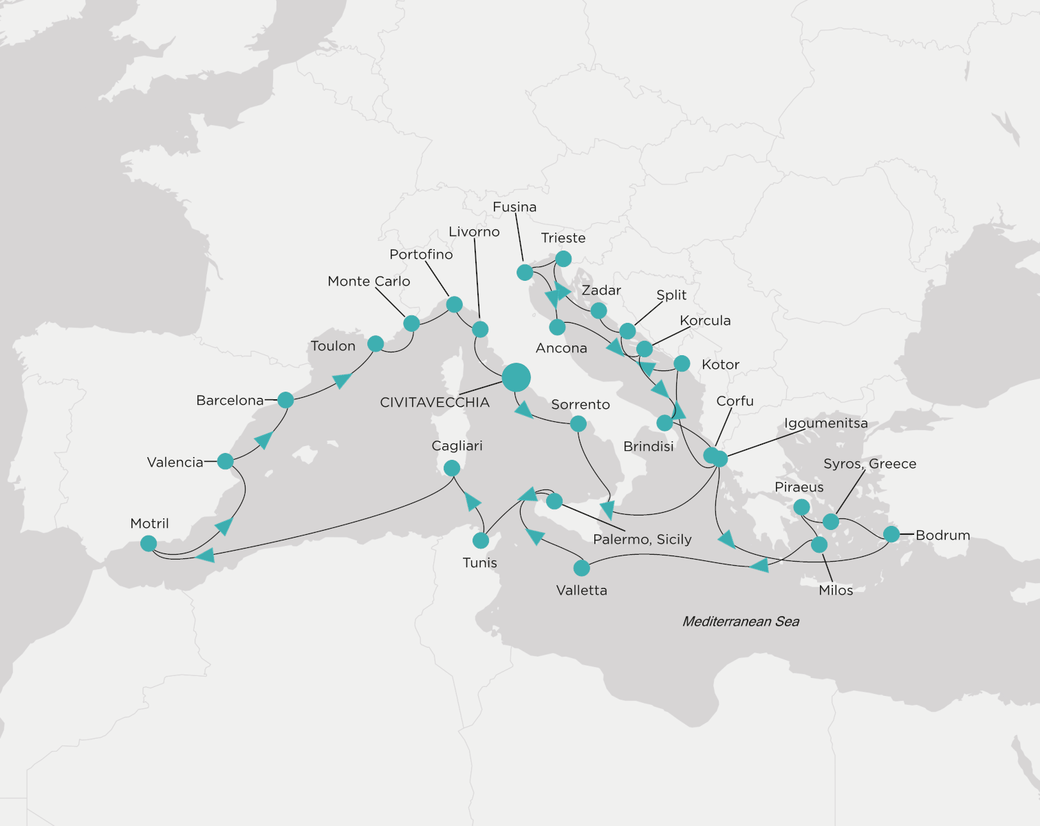 Crystal Grace CGR-C34-280715 official itinerary map from Civitavecchia (Rome) to Civitavecchia (Rome)
