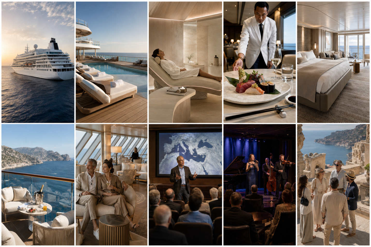 Crystal luxury cruise inspiration featuring a ship, pool deck, spa, dining, suite, veranda, lounge, enrichment, entertainment, and Mediterranean exploration