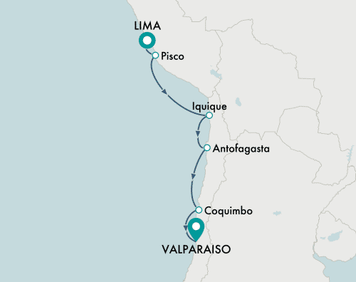 Crystal Cruises Serenity 2025 itinerary map of cruise Lima (Callao) to Valparaiso