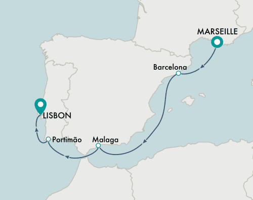 Crystal Cruises Serenity 2025 itinerary map of cruise Marseille  to Lisbon