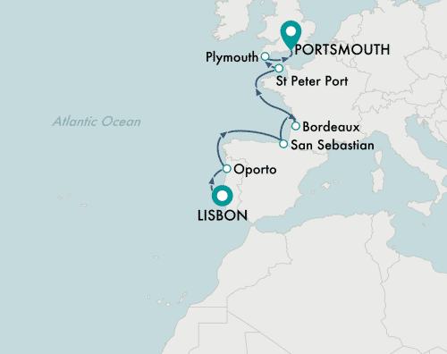 Crystal Cruises Serenity 2025 itinerary map of cruise Lisbon to Portsmouth