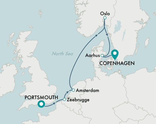 Crystal Cruises Serenity 2025 itinerary map of cruise Portsmouth to Copenhagen
