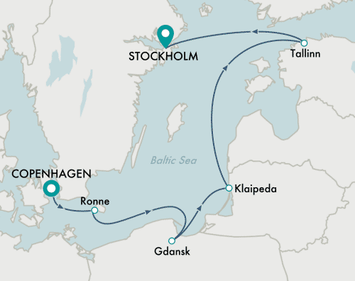 Crystal Cruises Serenity 2025 itinerary map of cruise Copenhagen to Stockholm