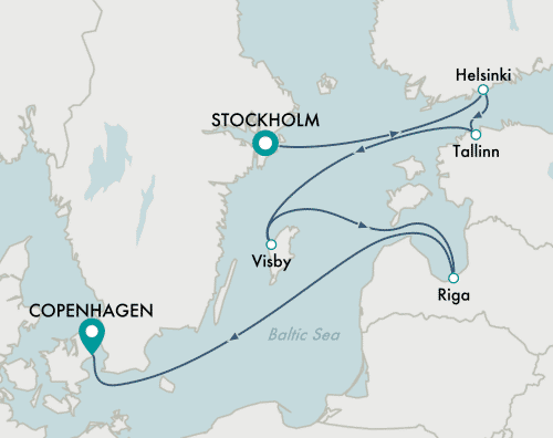 Crystal Cruises Serenity 2025 itinerary map of cruise Stockholm to Copenhagen