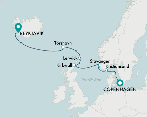 Crystal Cruises Serenity 2025 itinerary map of cruise Copenhagen to Reykjavik