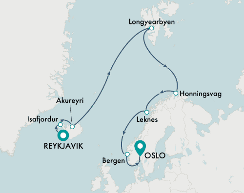 Crystal Cruises Serenity 2025 itinerary map of cruise Reykjavik to Oslo