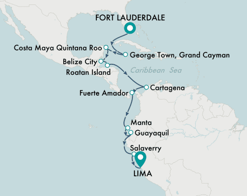 Crystal Cruises Serenity 2025 itinerary map of cruise Fort Lauderdale to Lima (Callao)