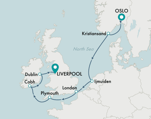 Crystal Cruises Serenity 2025 itinerary map of cruise Oslo to Liverpool