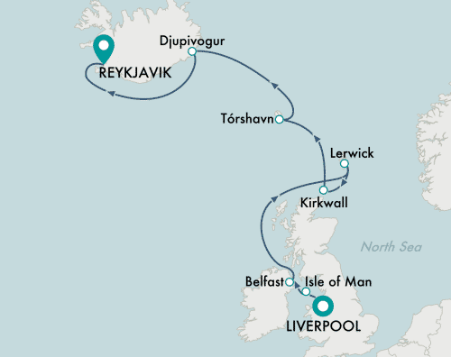 Crystal Cruises Serenity 2025 itinerary map of cruise Liverpool to Reykjavik