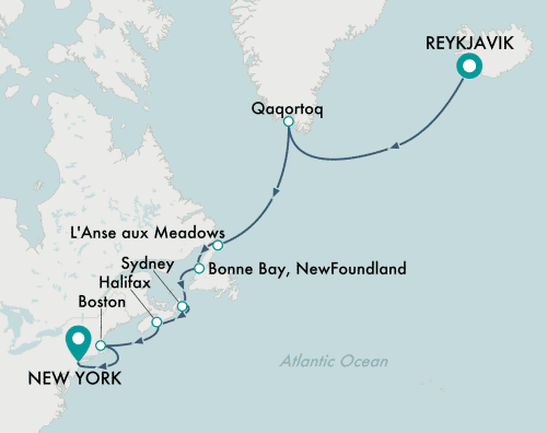 Crystal Cruises Serenity 2025 itinerary map of cruise Reykjavik to New York (Manhattan)