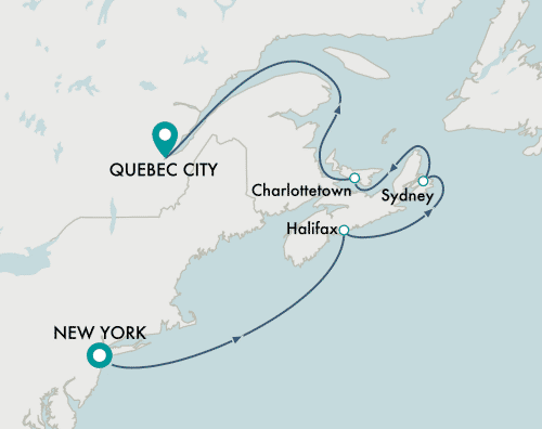 Crystal Cruises Serenity 2025 itinerary map of cruise New York (Manhattan) to Quebec City