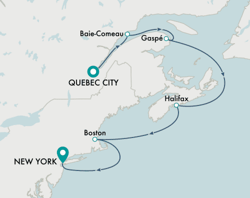 Crystal Cruises Serenity 2025 itinerary map of cruise Quebec City to New York (Manhattan)