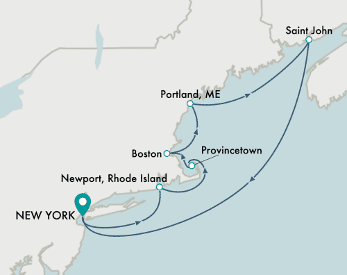 Crystal Cruises Serenity 2025 itinerary map of cruise New York (Manhattan) to New York (Manhattan)