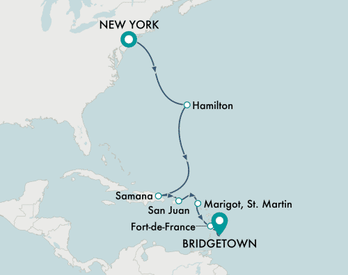 Crystal Cruises Serenity 2025 itinerary map of cruise New York (Manhattan) to Bridgetown
