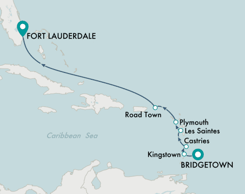 Crystal Cruises Serenity 2025 itinerary map of cruise Bridgetown to Fort Lauderdale