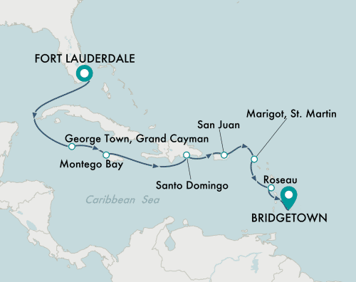 Crystal Cruises Serenity 2025 itinerary map of cruise Fort Lauderdale to Bridgetown