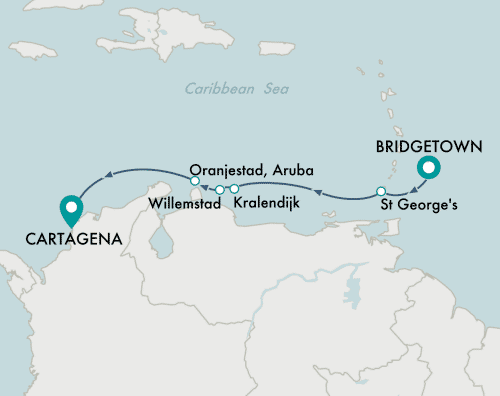 Crystal Cruises Serenity 2025 itinerary map of cruise Bridgetown to Cartagena