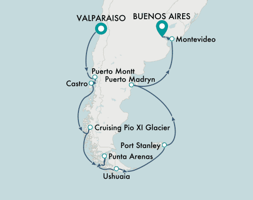 Crystal Cruises Serenity 2025 itinerary map of cruise Valparaiso to Buenos Aires