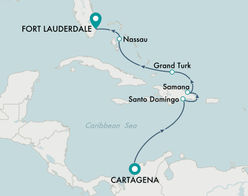 Crystal Cruises Serenity 2025 itinerary map of cruise Cartagena to Fort Lauderdale