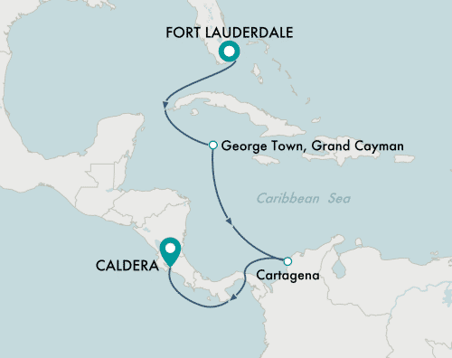 Crystal Cruises Serenity 2025 itinerary map of cruise Fort Lauderdale to San Jos (Puerto Caldera)