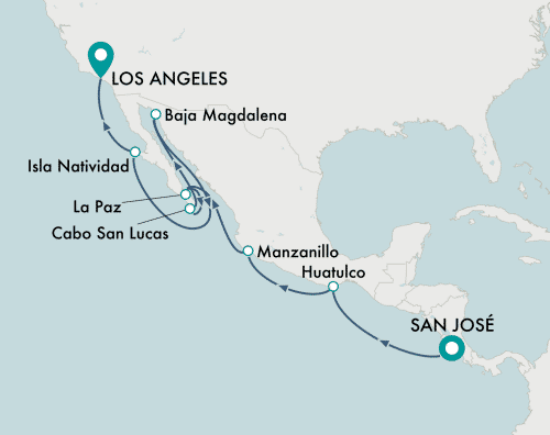 Crystal Cruises Serenity 2025 itinerary map of cruise San José (Puerto Caldera) to Los Angeles