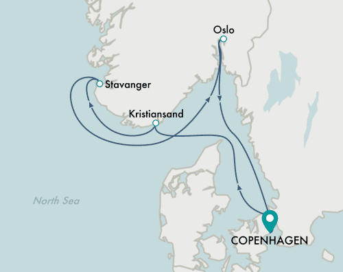 Crystal Cruises Serenity 2025 itinerary map of cruise Copenhagen to Copenhagen