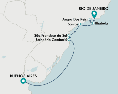Crystal Cruises Serenity 2025 itinerary map of cruise Buenos Aires to Rio de Janeiro