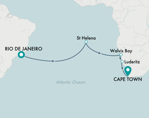 Crystal Cruises Serenity 2025 itinerary map of cruise Rio de Janeiro to Cape Town