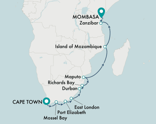 Crystal Cruises Serenity 2025 itinerary map of cruise Cape Town to Mombasa