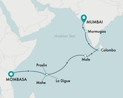 Crystal Cruises Serenity 2025 itinerary map of cruise Mombasa to Mumbai