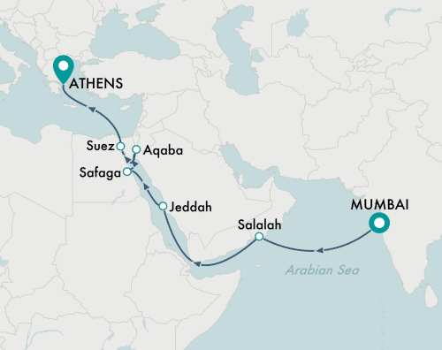 Crystal Cruises Serenity 2025 itinerary map of cruise Mumbai to Athens (Piraeus)