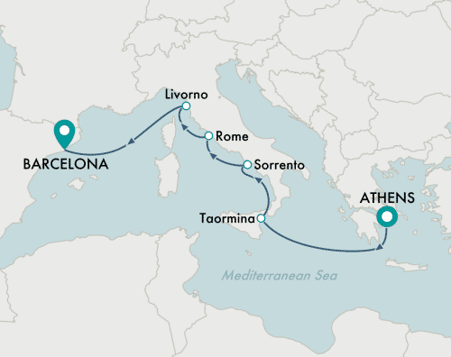 Crystal Cruises Serenity 2025 itinerary map of cruise Athens (Piraeus) to Barcelona