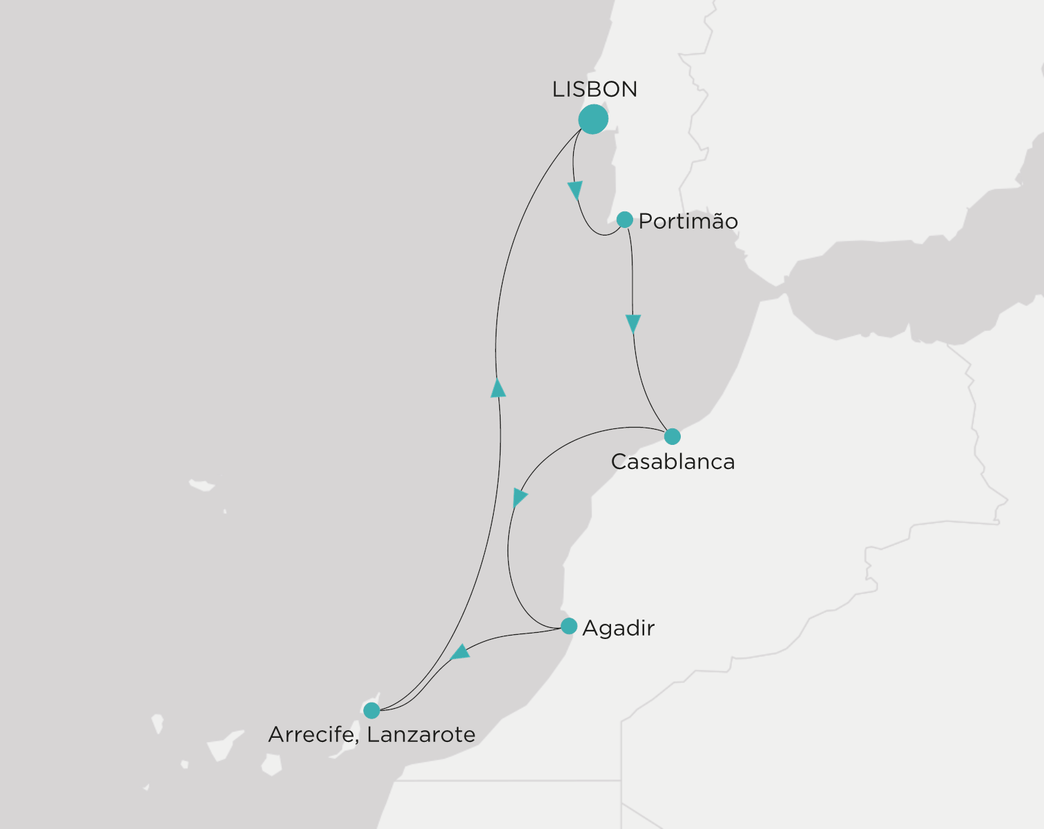 Crystal Serenity voyage CSE-006-261011 itinerary map from Lisbon to Lisbon
