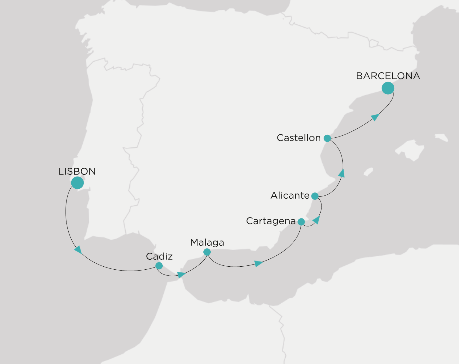 Crystal Serenity voyage CSE-007-260814 itinerary map from Lisbon to Barcelona