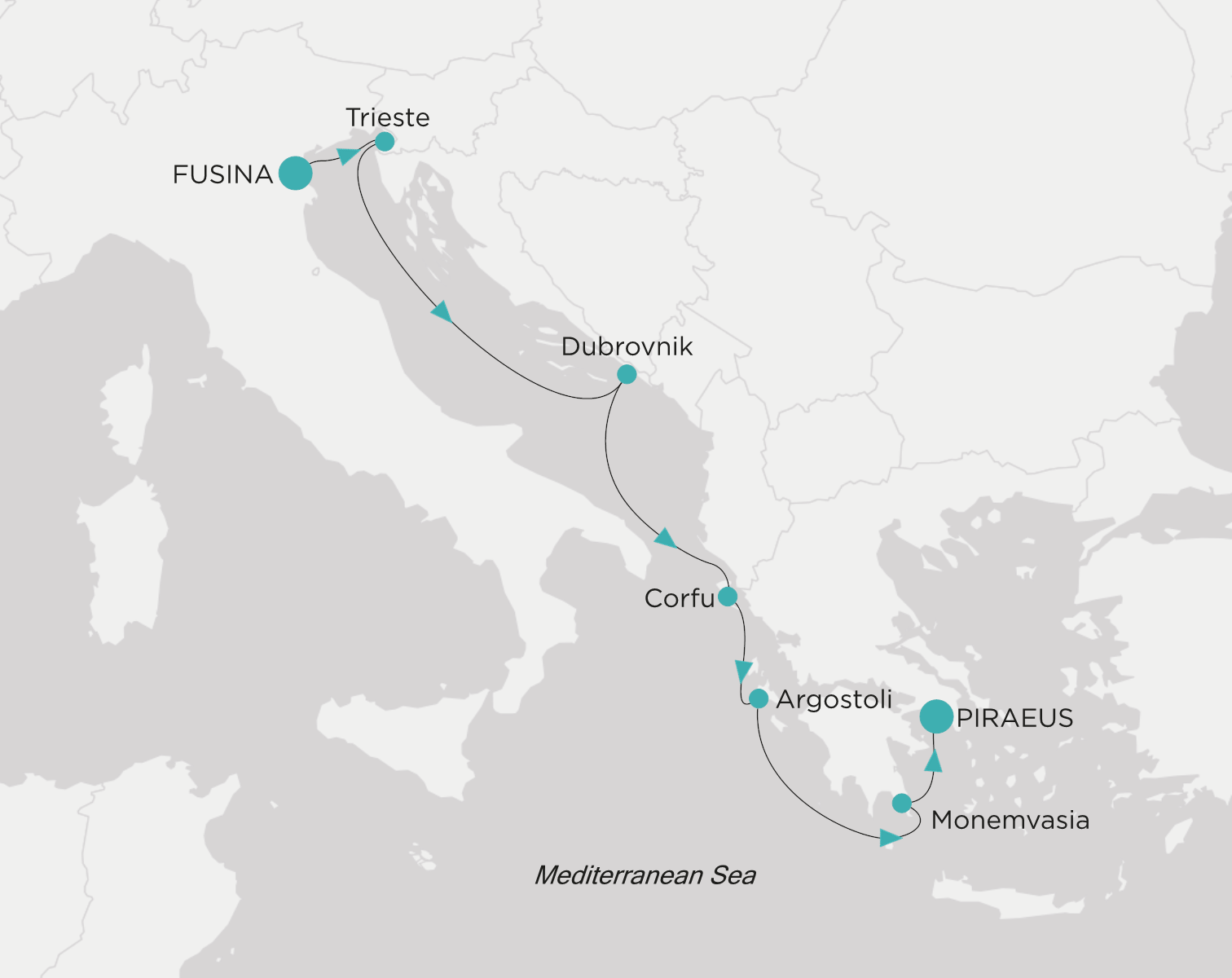 Crystal Serenity voyage CSE-007-260908 itinerary map from Fusina (Venice) to Piraeus (Athens)