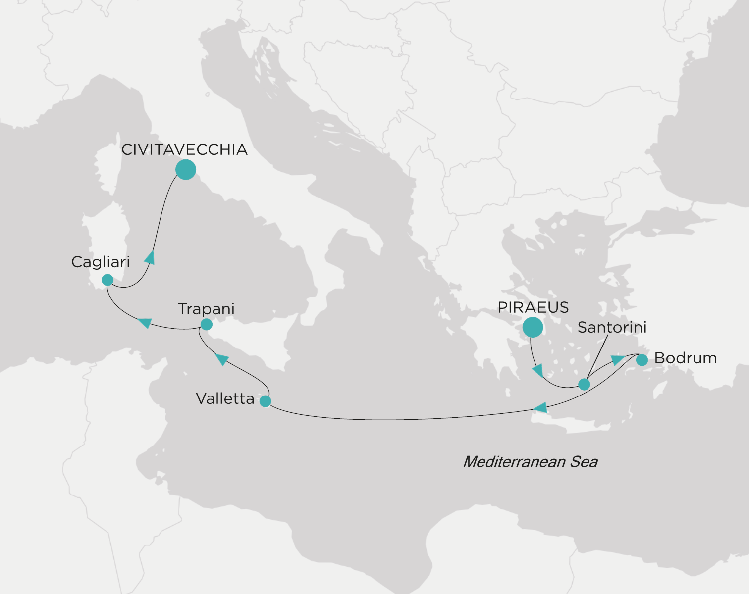 Crystal Serenity voyage CSE-007-260915 itinerary map from Piraeus (Athens) to Civitavecchia (Rome)