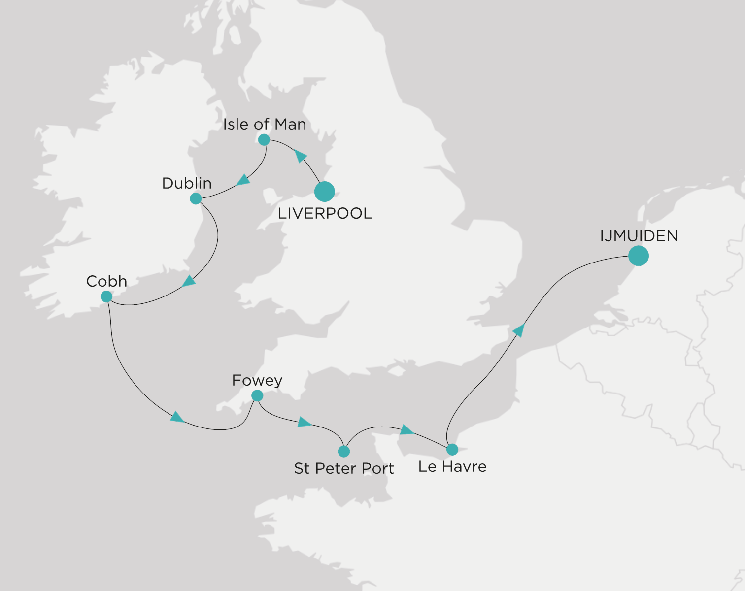 Crystal Serenity voyage CSE-008-260726 itinerary map from Liverpool to Ijmuiden (Amsterdam)