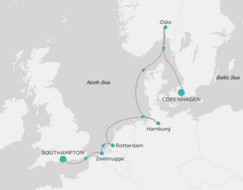 Crystal Serenity CSE-009-260707 official itinerary map from Southampton to Copenhagen