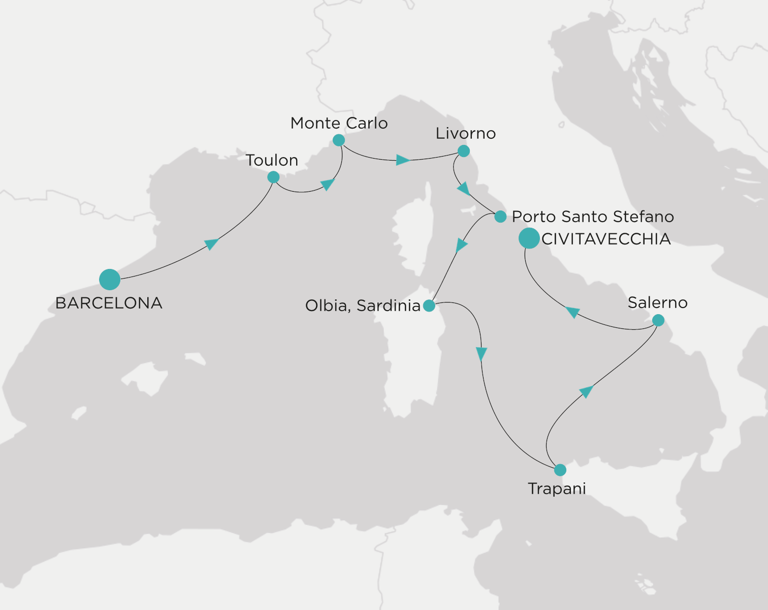 Crystal Serenity voyage CSE-009-260821 itinerary map from Barcelona to Civitavecchia (Rome)