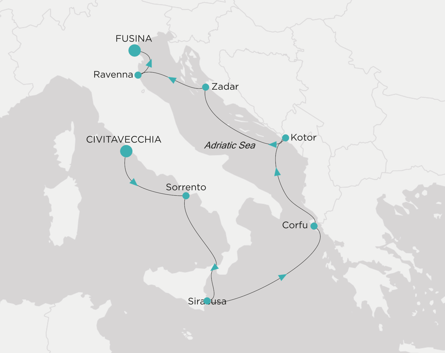 Crystal Serenity voyage CSE-009-260830 itinerary map from Civitavecchia (Rome) to Fusina (Venice)