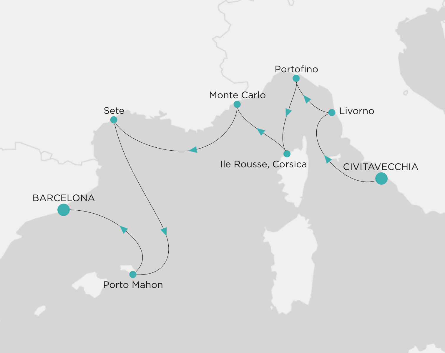 Crystal Serenity voyage CSE-009-260922 itinerary map from Civitavecchia (Rome) to Barcelona