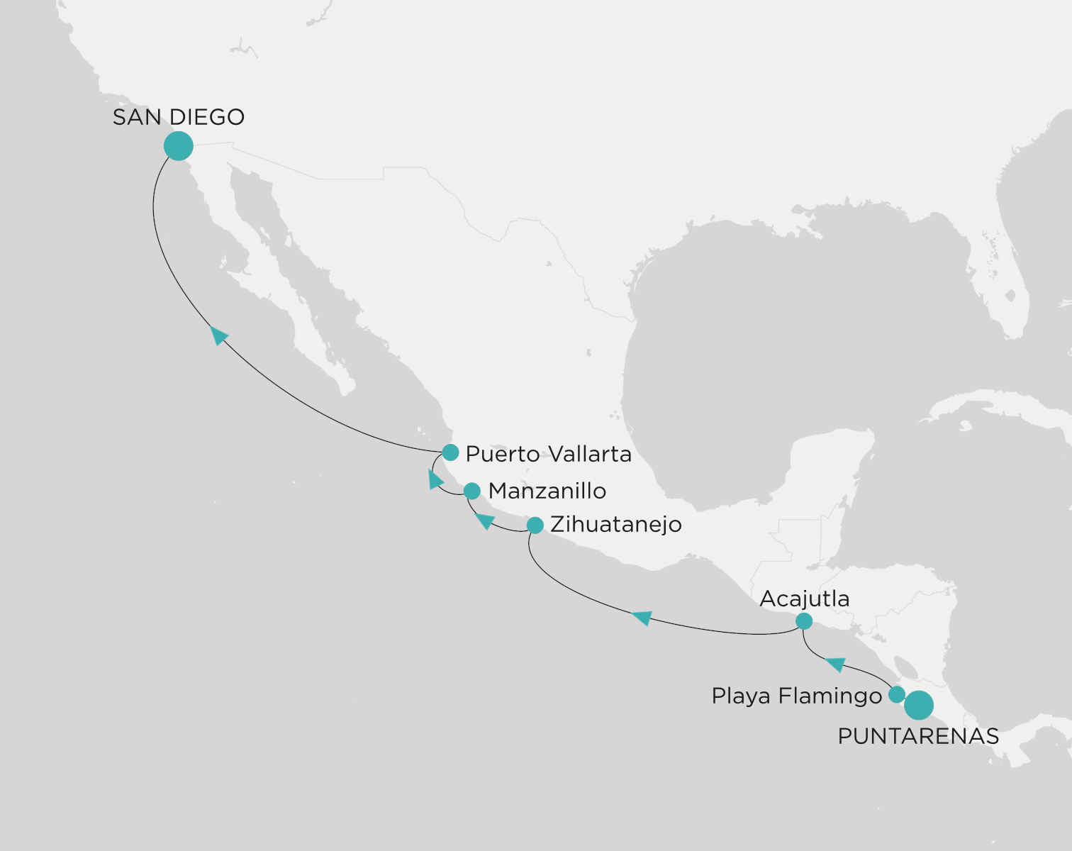 Crystal Serenity voyage CSE-009-261212 itinerary map from Puntarenas to San Diego