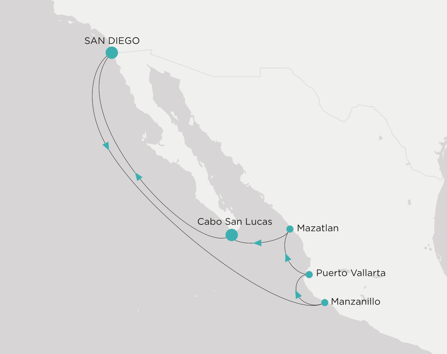 Crystal Serenity voyage CSE-009-261230 itinerary map from San Diego to San Diego