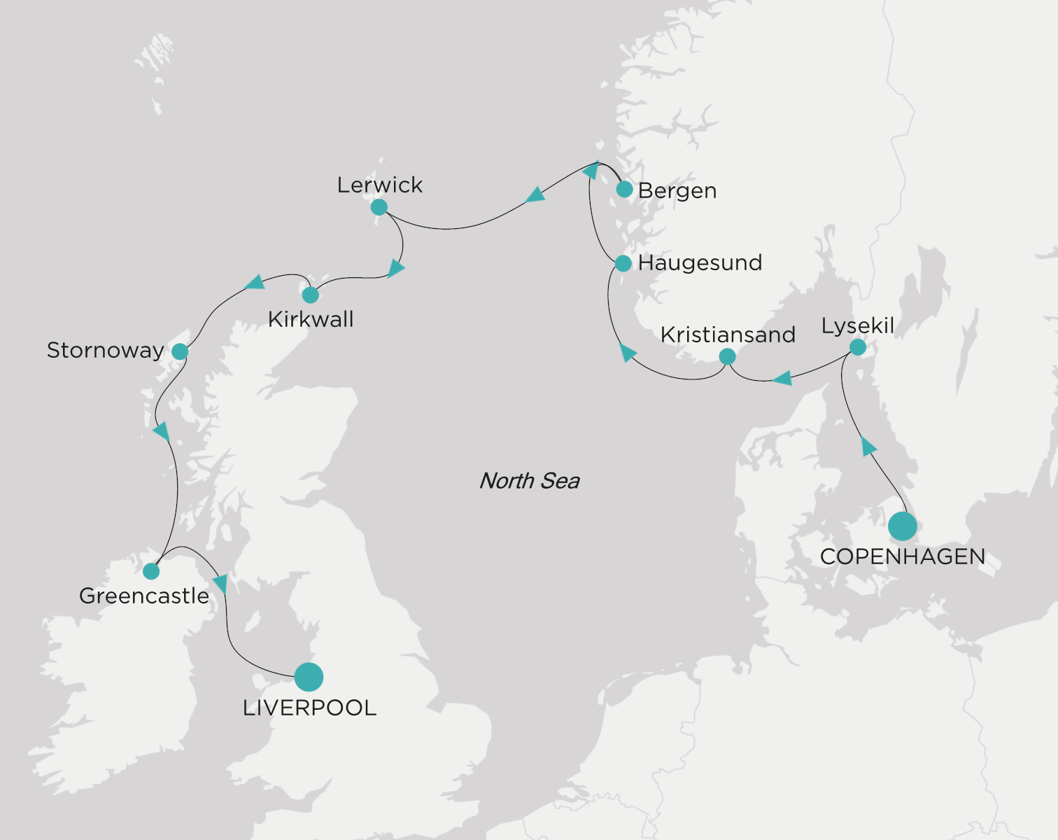 Crystal Serenity voyage CSE-010-260716 itinerary map from Copenhagen to Liverpool