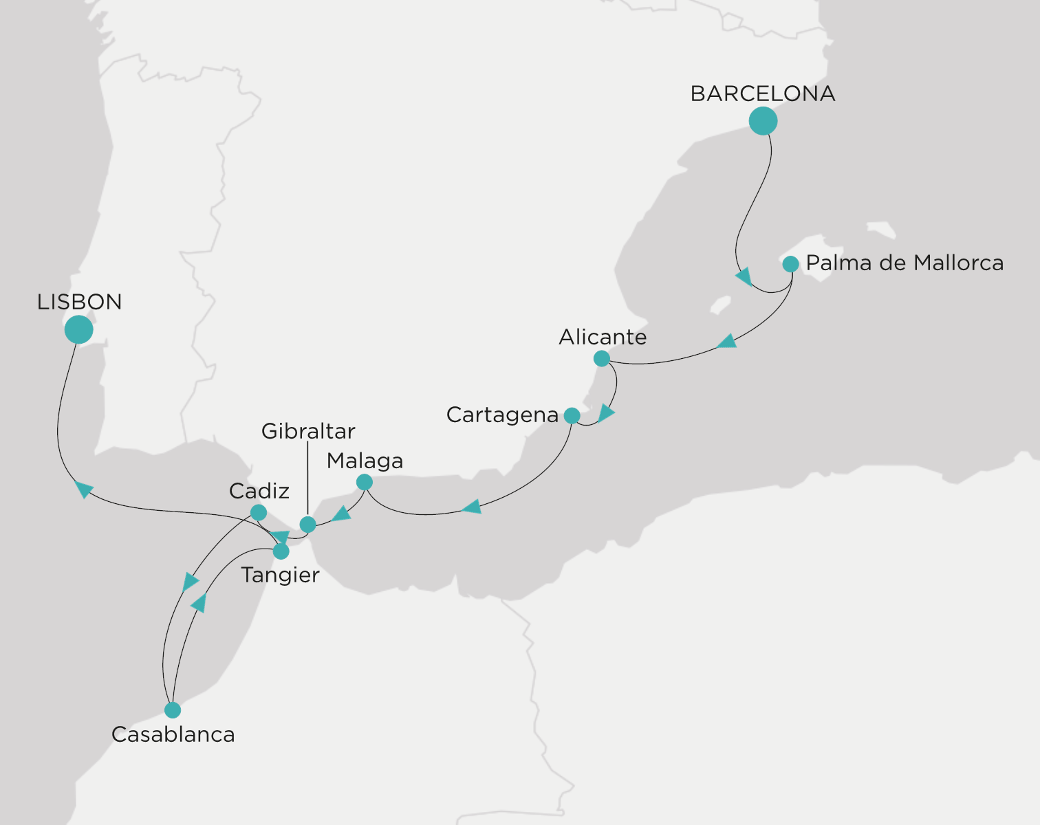 Crystal Serenity voyage CSE-010-261001 itinerary map from Barcelona to Lisbon